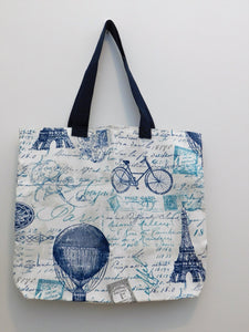 For those who love Paris themed everything, here is your handmade tote bag. Fabric, thread and navy blue trim are 100% cotton. Machine wash gentle cold, non chlorine bleach, tumble dry low, cool iron. Measurements are around 3in x 16in x 19in.