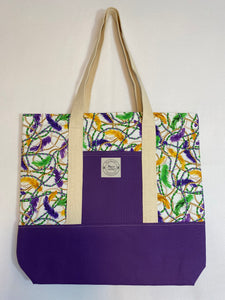 Mardi Grass Feathers and Pearls Handmade Dual Color Tote Bag